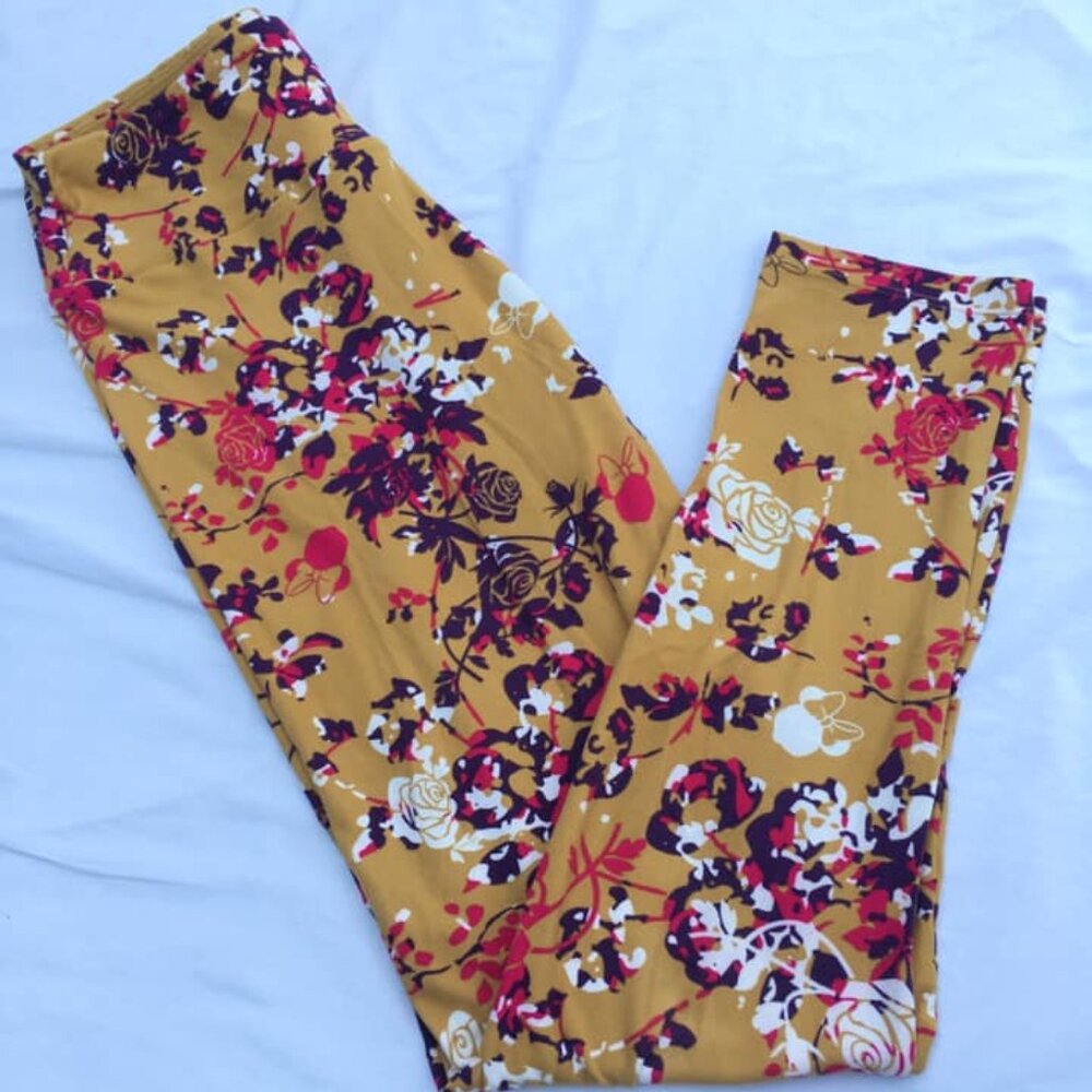 Disney OS One Size Leggings LulaRoe Floral Roses Hidden Mickey Minnie Yellow 2